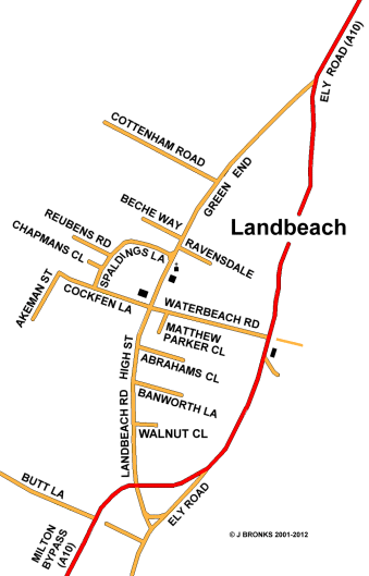 Map of Landbeach to help interested players locate the Landbeach Village Hall where Cottenham Brass Band rehearse.